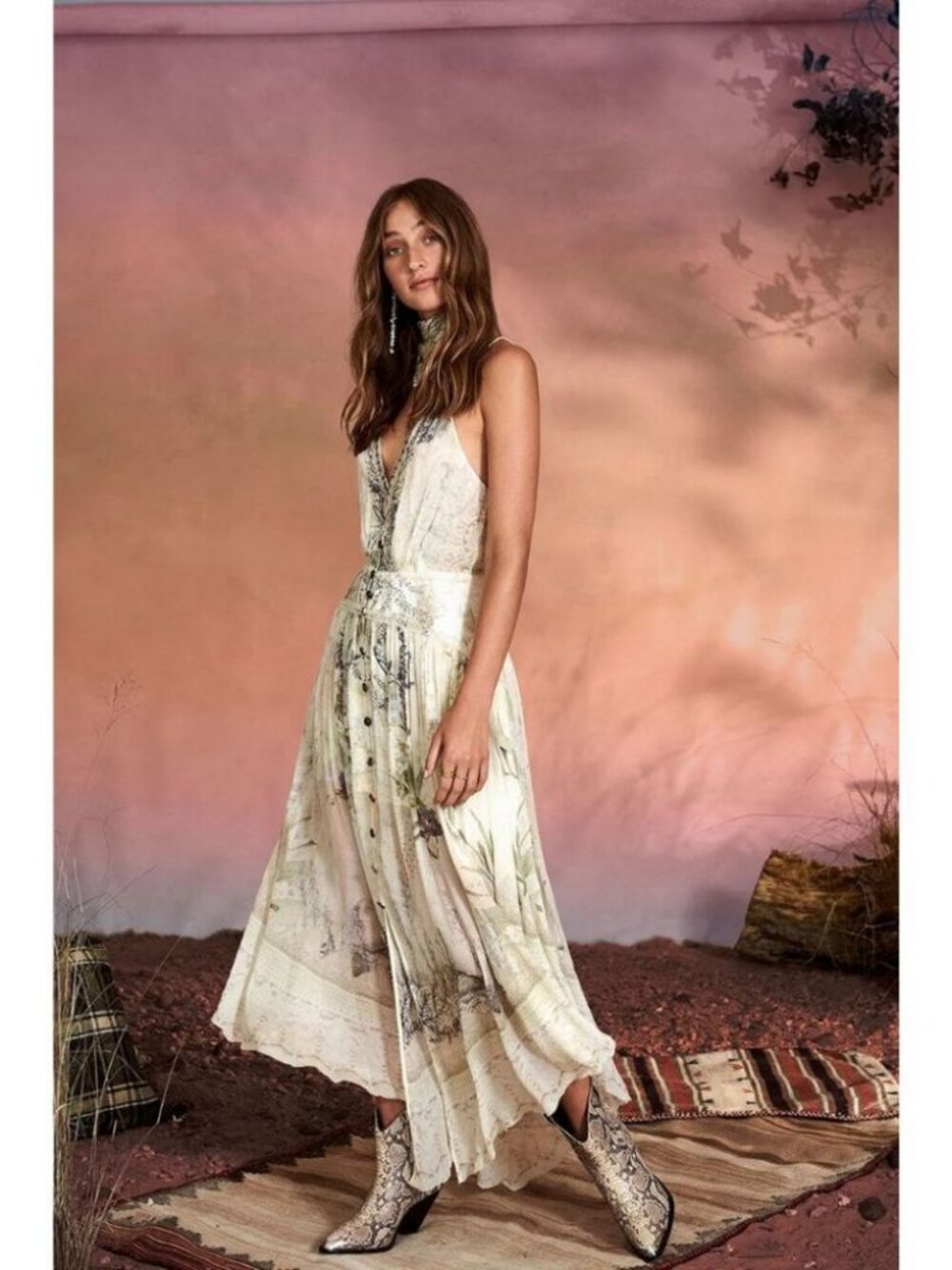 Camilla Strap Dress with Shaped Waistband Memories of Moree Cream / Size Medium